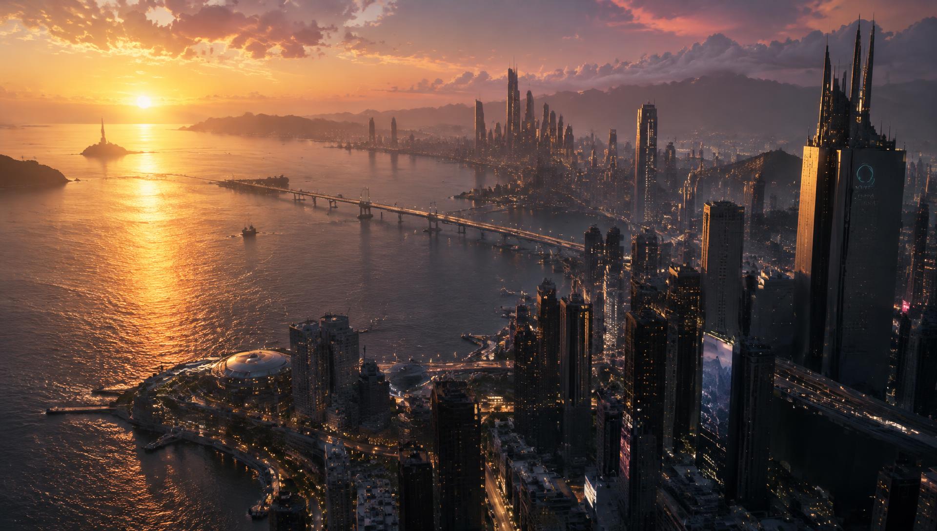 Concept still of a futuristic coastal city at sunset
